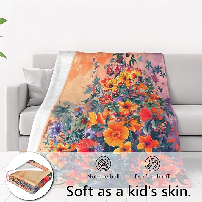 Happy Turtle Flannel Blanket Relaxed Tortoise with Tulips Sunglasses and Colorful Garden Throw Blankets Lightweight Soft for Party Bed Sofa Camping Travel, Home Farm Decor Gifts Kids, 50x60in