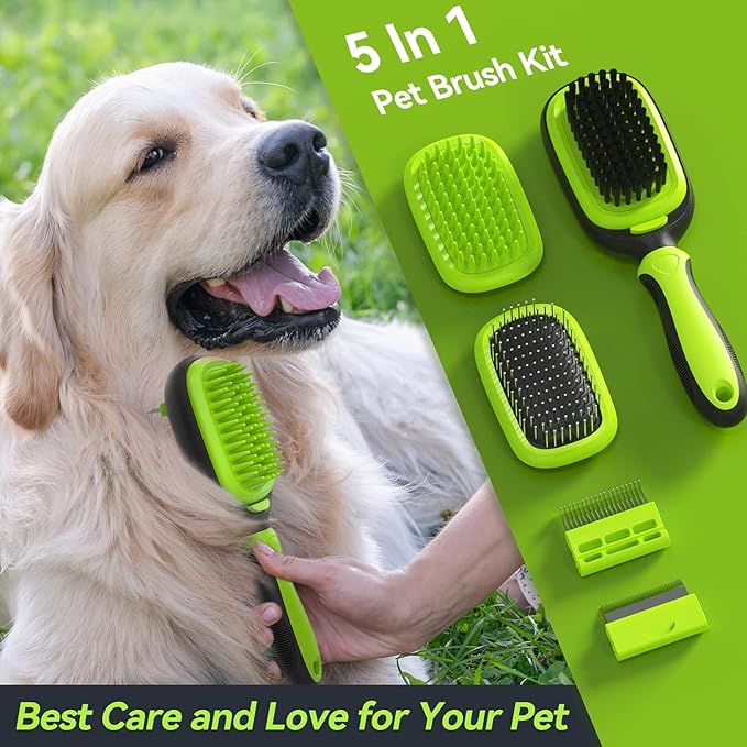 Pet Grooming Brush, Double Sided Detachable Shedding Dog Cat Brush, 5 in 1 Dog Grooming Brush for Shedding Long & Short Haired Dogs, Hair Removing, Bath&Massage, Reduce 95% Shedding Hair