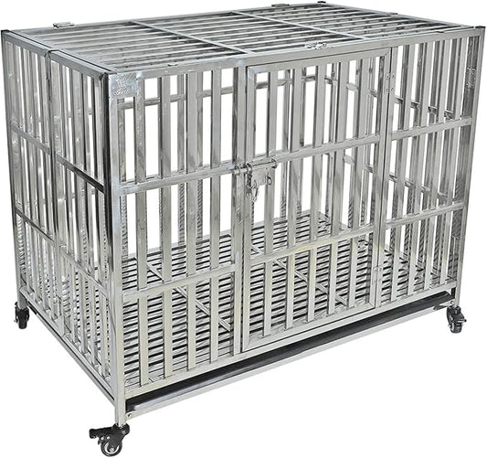 42" Stainless Steel Dog Crate Stackable Heavy Duty Pet Kennel Foldable Indestructible Dog Cage Playpen with Lockable Rolling Wheels, Double Door and Removable Tray for Medium and Large Dogs