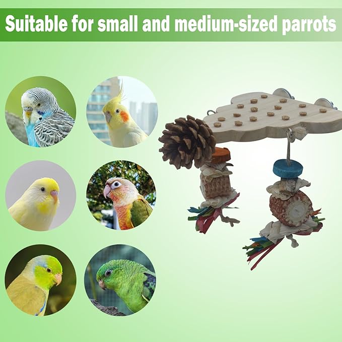 Parrot Toys, Parrot Wooden Bird Toys, Long Tailed Parrot Toys with Pure Natural Corn Sticks, Small and Medium-Sized Parrot Toys with Pure Natural Pine Cones, Fun Bird Cage Accessories