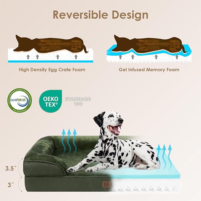 EHEYCIGA Orthopedic Dog Beds for Large Dogs, Waterproof Memory Foam Large Dog Bed with Sides, Non-Slip Bottom and Egg-Crate Foam Large Dog Couch Bed with Washable Removable Cover, Dark Green
