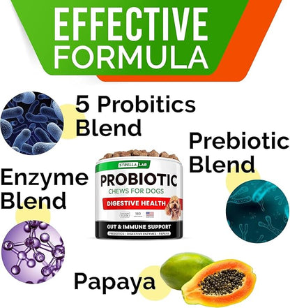 STRELLALAB Dog Probiotics Chews for Digestive Health & Gut Support with Yeast and Enzymes - Anti Gas, Diarrhea and Upset Stomach Immune Supplement - Digestion Treats with Fiber (180Ct, Bacon)