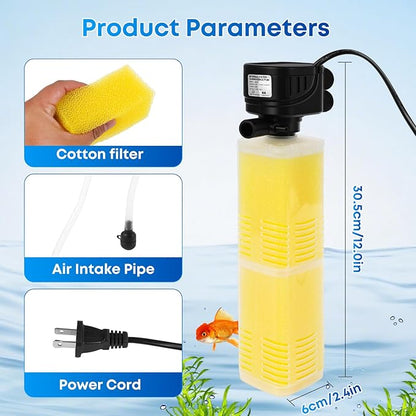 320GPH Aquarium Filter for 40-100 Gallon Fish Tank-4-in-1 Submersible Internal Filter with Biochemical Filtration,Powerful Water Pump,Air Supply, and Wavemaker for Large Tanks and Ponds
