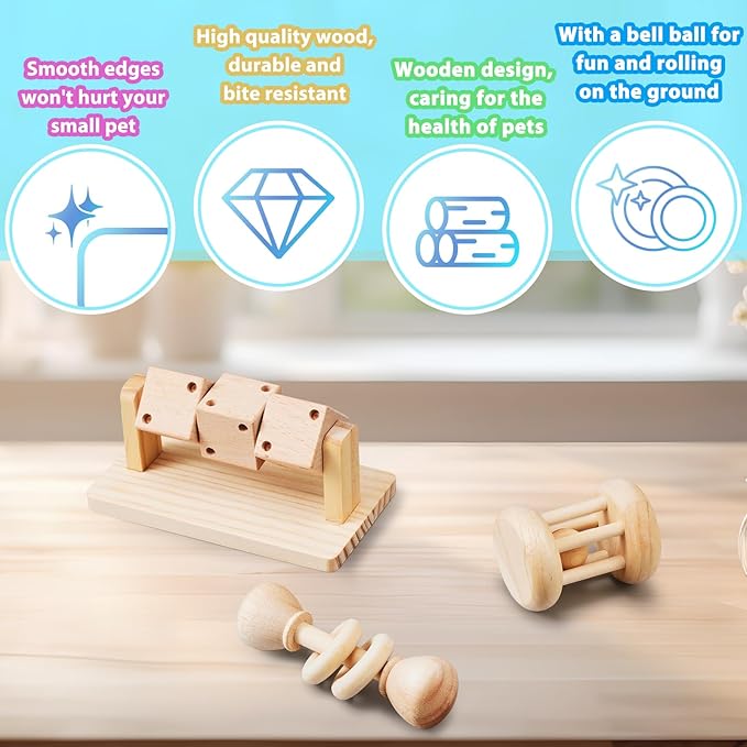 3 Pcs Wooden Hamster Enrichment Toys, Guinea Pig Chew Toys for Syrian & Dwarf Hamsters,Rabbits, Gerbils, Rats, Chinchillas, Small Animals Playing Teeth Grinding Indoor Outdoor