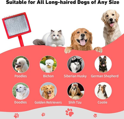 Dog Slicker Brush for Shedding and Grooming Medium or Long Haired Cats, Extra Long & Soft Pin Slicker Brush for Removes Loose Hair, Tangles, Knots, Undercoat, Free Pet Comb, Large Red