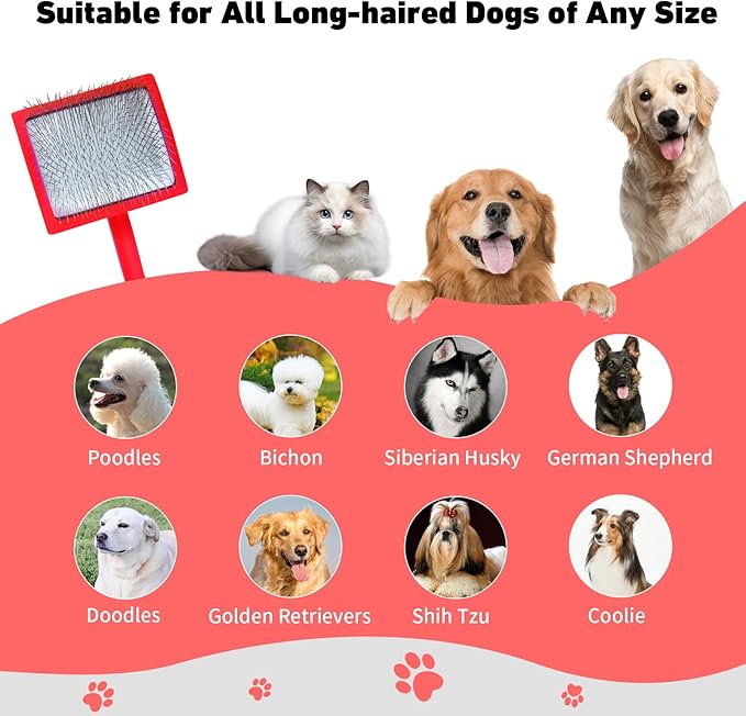 Dog Slicker Brush for Shedding and Grooming Medium or Long Haired Cats, Extra Long & Soft Pin Slicker Brush for Removes Loose Hair, Tangles, Knots, Undercoat, Free Pet Comb, Large Red