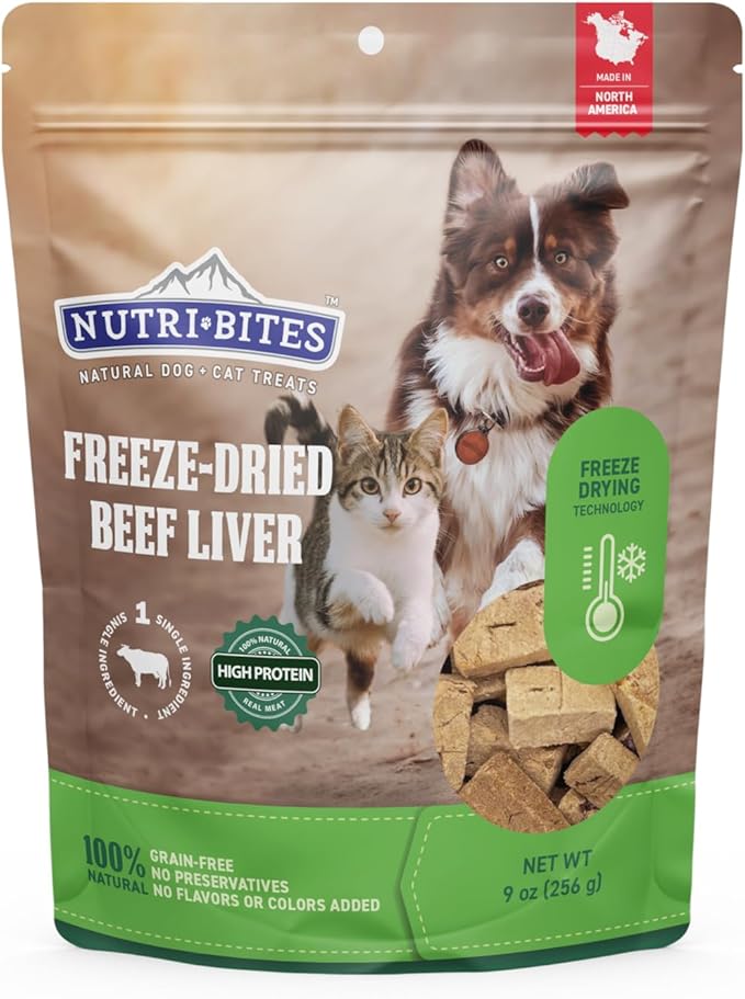 Nutri Bites Freeze Dried Beef Liver Dog & Cat Treats, 9 oz | Healthy Pet Training Treats or Food Topper | All Natural, Single Ingredient, High Protein