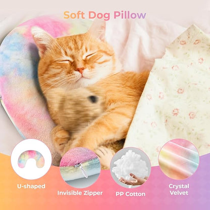 Dog Pillow, U-Shaped Dog Calming Pillow for Pet, Soft Dog Neck Pillow Machine Washable Dog Bed Pillow for Dog and Cat Enhance Sleep Quality(Tie-dye Pink Blue, Small)