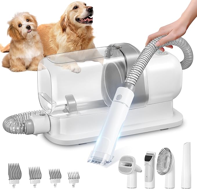 Dog Grooming Vacuum, Pet Grooming Vacuum Kit 2.3L Suction 99% Pet Hair with 5 Tools for Dog Cat for Shedding Grooming, Low Noise (Grey & White)