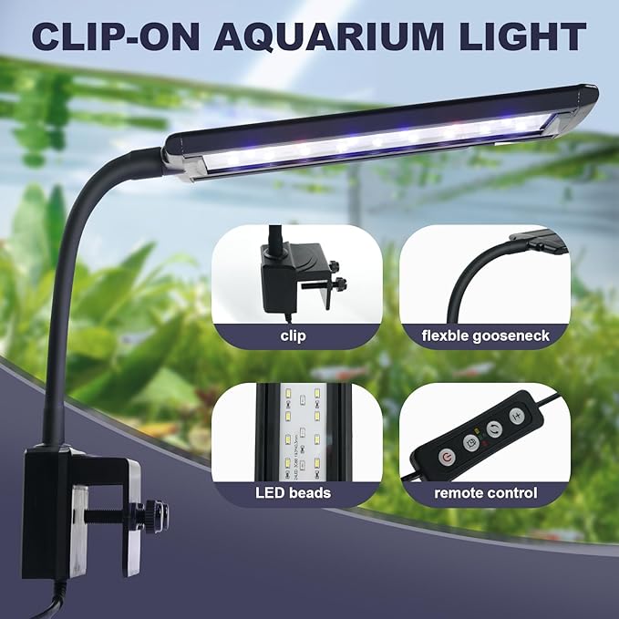 Clip-On LED Aquarium Light with Timer & Dimmable Brightness, 3 Lighting Modes, Flexible Gooseneck, Energy-Saving Fish Tank Lamp for 5-20 Gallon Betta, Nano & Planted Tanks