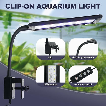 Clip-On LED Aquarium Light with Timer & Dimmable Brightness, 3 Lighting Modes, Flexible Gooseneck, Energy-Saving Fish Tank Lamp for 5-20 Gallon Betta, Nano & Planted Tanks
