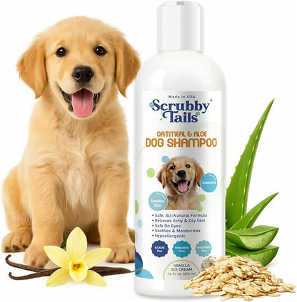 Organic Dog Shampoo - Puppy Oatmeal Shampoo for Itchy Skin Relief - Hypoallergenic for Sensitive Skin, for Dogs of All Ages, Deodorizes, Tearless, Made in USA, 16oz (Vanilla Ice Cream)