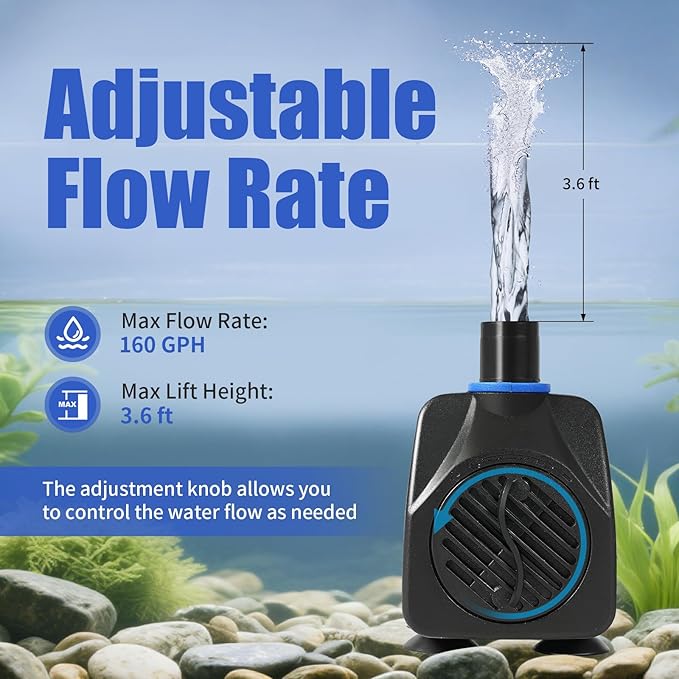 AQUANEAT Small Fountain Pump, 160 GPH Mini Submersible Water Pump with 3.3 ft Tubing, for Aquarium Fish Tank, Pet Water Fountain, Hydroponics, Pond Waterfall Filter Pump