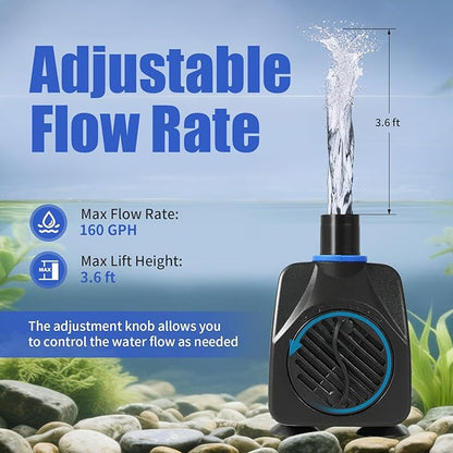 AQUANEAT Small Fountain Pump, 160 GPH Mini Submersible Water Pump with 3.3 ft Tubing, for Aquarium Fish Tank, Pet Water Fountain, Hydroponics, Pond Waterfall Filter Pump