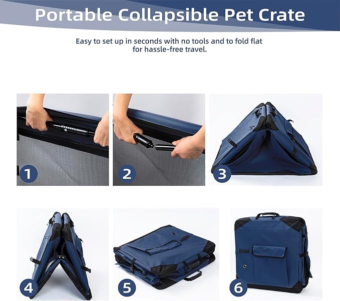 Pettycare 42 Inch Collapsible Dog Crate with Curtains Travel Dog Crate for Airflow and Calm Soft Pet Kennel with Portable Bag and More Chew Proof Mesh Indoor & Outdoor Navy Blue 4 Door Curtains