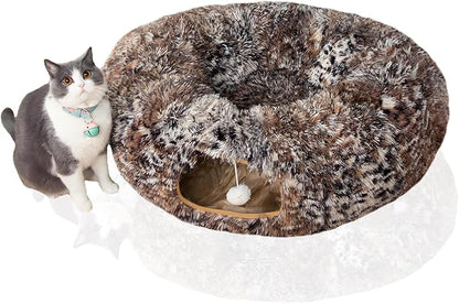 LUCKITTY Warm Fluffy Plush Cat Dog Tunnel Bed with Washable Cushion- Big Tube Playground Toys 3 FT Diameter Collapsible, for Indoor Cat Kitty Kitten Puppy Rabbit Ferret Leopard Print
