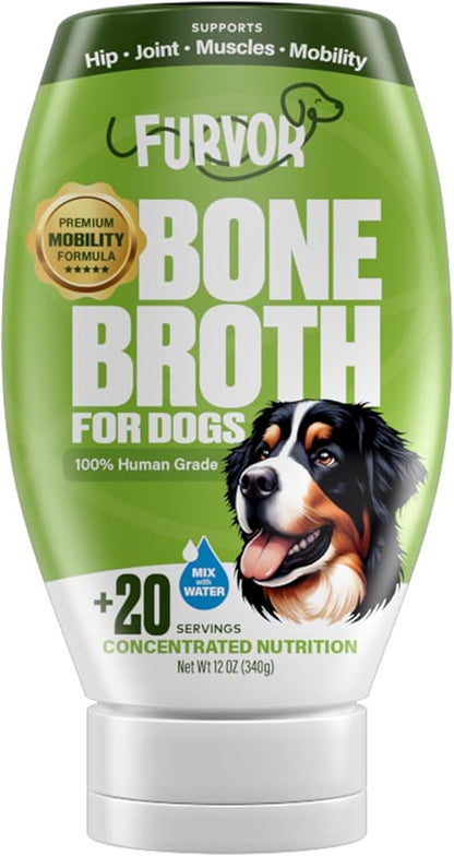 Mobility Support Beef Bone Broth for Dogs | Hip & Joint Support for Dogs | Glucosamine & Amino Acid Boosted | Human Grade Ingredients | Just add Water | Made in USA, 12 oz