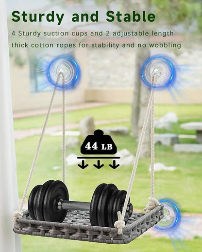 Cat Window Perch, Cat Window Hammock Bed for Indoor Cats, Large Handwoven PE Rattan Window Seat, 4 Suction Cups, Double Sided Washable Cushion Bed, 2.3 Inch Fence Shelf, for Pet Kittens Gray