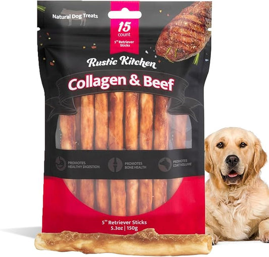 Real Beef Collagen Sticks for Dogs, Dog Chews Long Lasting, Rawhide Free - 15 Pack High Protein Chew Dog Treats for Small, Medium, and Large Dogs