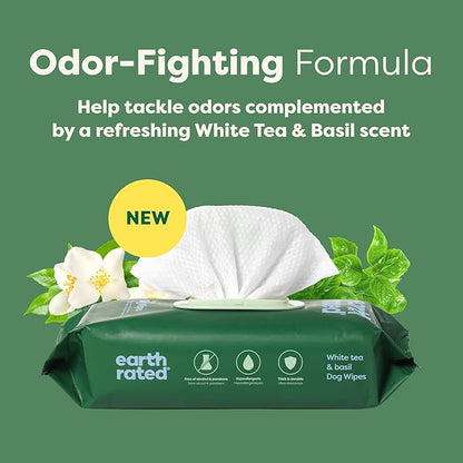 Earth Rated Pet Grooming Wipes for Dogs and Cats, Hypoallergenic, 3-in-1 Cleaning, Deodorizing and Hydrating, for Paws, Body and Butt, New White Tea and Basil Scent, 100 Count
