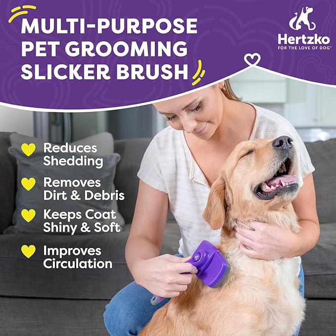 Hertzko Dog Brush - Self-Cleaning Slicker Brush for Dogs and Cats - Gently Removes Loose Hair, Tangles, and Dirt - Regular Size Grooming Brush for Sensitive Skin, Suitable for Long or Short Coats