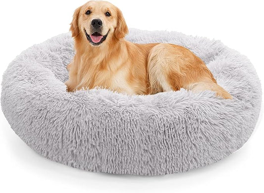 NOYAL Calming Donut Dog Bed for Small to Medium Dogs & Cats - Plush Faux Fur Anti-Anxiety Pet Bed with Machine Washable Cover & Non-Slip Base