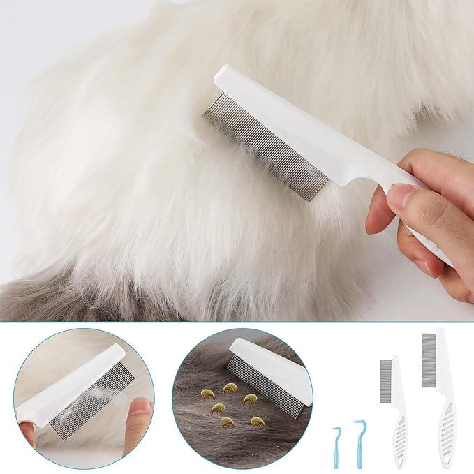 2pcs Pet Combs & 2pcs Tick Removal Tool, Fine-Tooth Flea Comb Tear Stain Removal Multifunctional Magic Pet Hair Cleaning Grooming Tools with Stainless Steel Teeth for Cats and Dogs
