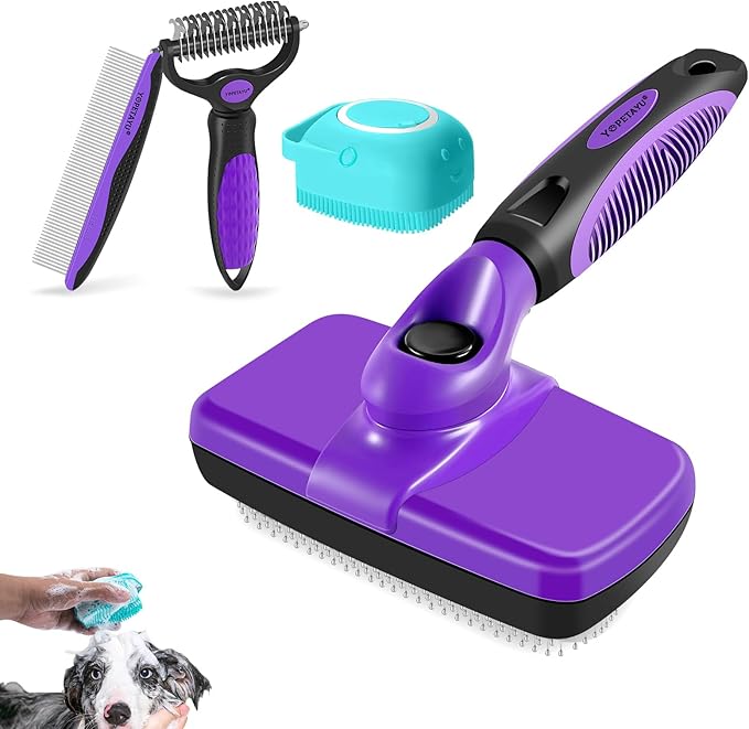 4 in 1 Pet Grooming Kit, Self Cleaning Slicker Brush for Dogs Cats & Small Animals, Dog Brush for Shedding Short Long Haired Dogs. Removes Loose Undercoat, Tangled Hair, Bath Brush