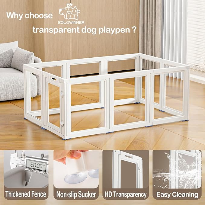 Dog Playpen Transparent Puppy Playpen Indoor, Easy Assemble & Disassemble Clear Pet Playpen, Sturdy & Easy Cleaning Plastic Dog Fence with Fence-to-Wall Anchor & Suction Cup (23.6"" H, 10PCS), WHITE