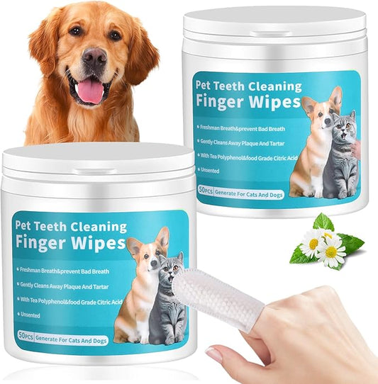 Dog Teeth Cleaning Wipes, 100Pcs Gentle Pet Dental Finger Wipes for Dogs Cats, Freshens Breath, Reduce Plaque, Portable Disposable Dental Wipes for Dogs Teeth Pet Dental Care Finger Wipes