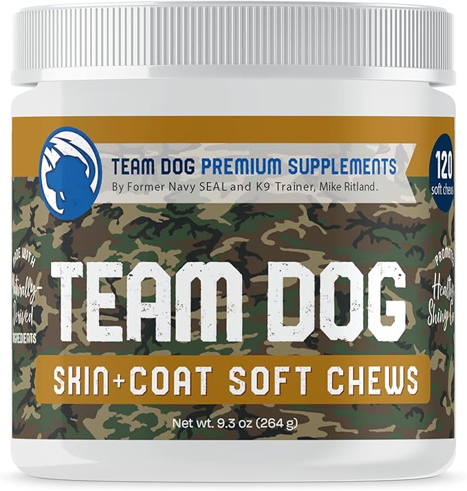 TEAM DOG Omega Skin and Coat Chews for Dogs | Wild Alaskan Salmon Oil for Dogs Skin and Coat Supplement | Allergy & Itchy Skin Relief for Dog Shedding | for a Glowing Coat & Healthy Skin | 120 Count