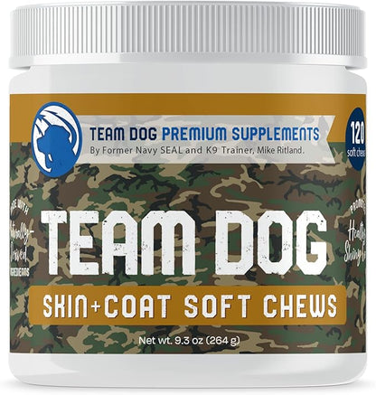 TEAM DOG Omega Skin and Coat Chews for Dogs | Wild Alaskan Salmon Oil for Dogs Skin and Coat Supplement | Allergy & Itchy Skin Relief for Dog Shedding | for a Glowing Coat & Healthy Skin | 120 Count