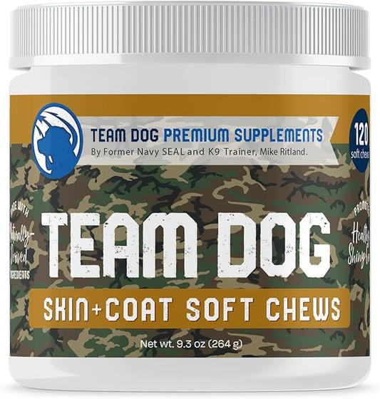 TEAM DOG Omega Skin and Coat Chews for Dogs | Wild Alaskan Salmon Oil for Dogs Skin and Coat Supplement | Allergy & Itchy Skin Relief for Dog Shedding | for a Glowing Coat & Healthy Skin | 120 Count