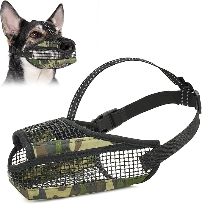 Dog Muzzle for Large Medium Small Dogs, Soft Mesh Muzzle for Dogs with Reflective Adjustable Strap, Prevent Biting Chewing and Licking, Dog Nose Open Design for Reduction Friction (Camo, L)