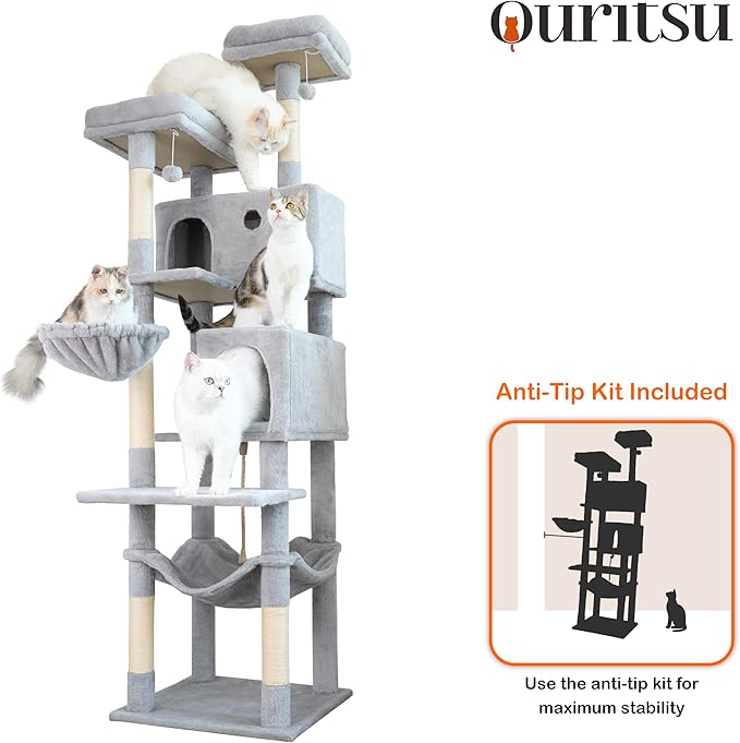 Ouritsu Cat Tree, 73.6 inch Tall Cat Climbing Tower for Large Cat Indoor with 2 Large Condos, 2 Widened Perches, Sisal Covered Scratching Posts, 2 Hammocks, Light Gray, XLF001GA