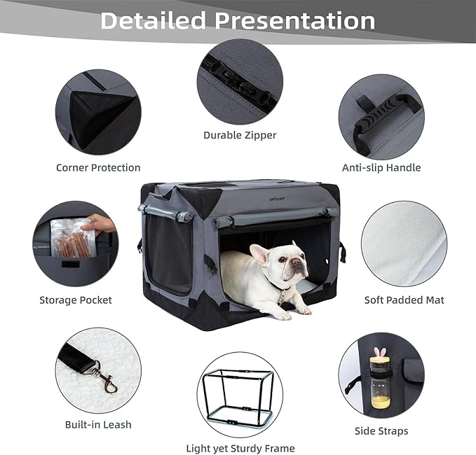 Pettycare 30 Inch Collapsible Dog Crate with Curtains Travel Dog Crate for Airflow and Calm Soft Pet Kennel with Portable Bag and More Chew Proof Mesh Indoor & Outdoor Grey 4 Door Curtains