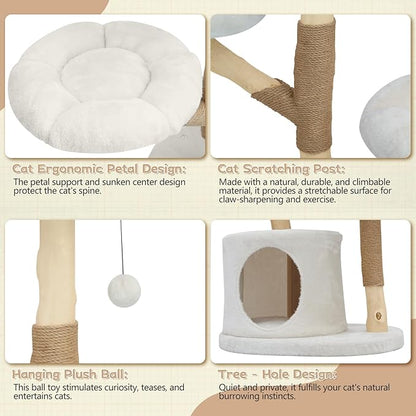 Modern Cat Tree Tower, Solid Wood Multi-Level w/ 2 Flower Perches, Scratching Post, Hanging Ball - Luxury Boho Cat Furniture w/Condo & Wicker Basket for Indoor Cats