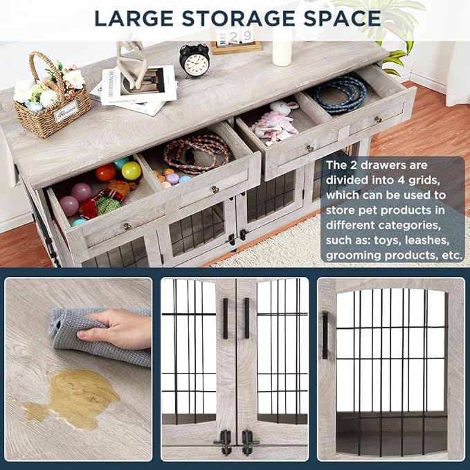 2 Rooms Dog Crate Furniture with Openable Partition,58" Wooden Dog Crate Table with 2 Drawers,5-Doors Dog Furniture,Indoor Dog Kennel,Dog House,Dog Cage,TV Stand (Grey)