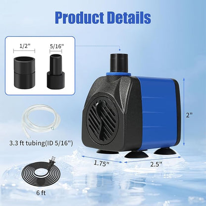AQUANEAT Small Fountain Pump, 160 GPH Mini Submersible Water Pump with 3.3 ft Tubing, for Aquarium Fish Tank, Pet Water Fountain, Hydroponics, Pond Waterfall Filter Pump