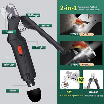 2-in-1 Dog Nail Grinder & Dog Nail Clippers Trimmers for Large Medium Small Dogs Cats Pets Claw Trimmer Quick Sensor and Safety Guard USB Rechargeable with 2 LED Lights Dogs Nail Trimmer