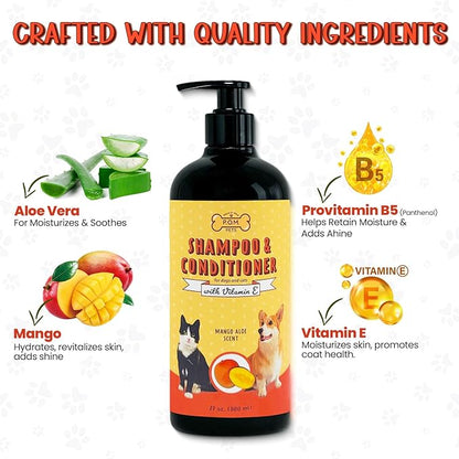 POM Pets 2-in-1 Organic Dog Shampoo & Conditioner – Itchy Skin Relief, Dog Deshedding, Detangles Fur, Cat Shampoo, Paw Cleaner for Dogs, Natural Coat Defense Formula