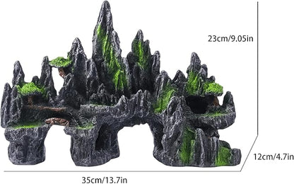 Large Fish Tank Decorations - Mountain View Aquarium Ornament with Tree House Cave Bridge,Large