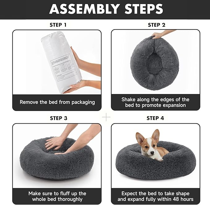 OhGeni Calming Donut Dog & Cat Bed Pillow, Washable Plush Warming Bed, Gifts for Pet Lovers, Anti-Slip Round Comfort Pet Bed, Pillow Design Fluffy Bed for Small Medium Dogs, Gray, 23 inches