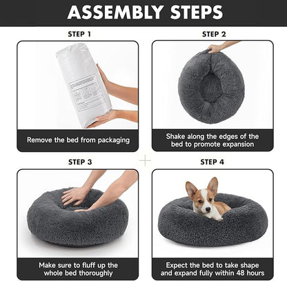 OhGeni Calming Donut Dog & Cat Bed Pillow, Washable Plush Warming Bed, Gifts for Pet Lovers, Anti-Slip Round Comfort Pet Bed, Pillow Design Fluffy Bed for Small Medium Dogs, Gray, 23 inches