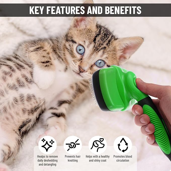 Self Cleaning Slicker Brush for Cat and Dog Coat - Detangler Dog Brush for Shedding & Grooming - Super Easy to Clean Deshedding Grooming Tool Removes Loose Pet Hair, Mats and Tangles (Green)