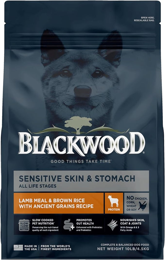 Blackwood Sensitive Skin & Stomach Dry Dog Food, Lamb Meal & Brown Rice with Ancient Grains, 10 Pound Bag with Prebiotics & Probiotics to Promote Gut Health