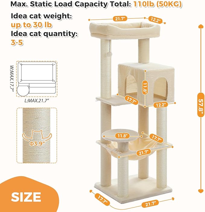 PETEPELA Cat Tree for Large Cats up to 30 lbs, 58" Heavy Duty Cat Tower with Reinforced Scratching Posts[ φ3.9”], Large Hammock, Spacious Condo & Top Perch, Sturdy Cat Furniture for Maine Coons, Beige