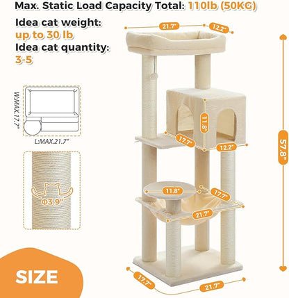 PETEPELA Cat Tree for Large Cats up to 30 lbs, 58" Heavy Duty Cat Tower with Reinforced Scratching Posts[ φ3.9”], Large Hammock, Spacious Condo & Top Perch, Sturdy Cat Furniture for Maine Coons, Beige