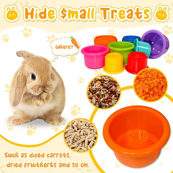 8 Pcs Stacking Cups for Small Animal Toys,Nesting Rabbit Toys of Different Sizes,Safe Plastic Colorful Nesting Toys for Bunny Guinea Pig Hiding Food and Playing (Bright Colors)