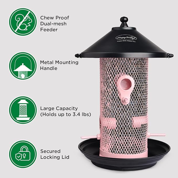 Happy Wings Hanging Metal Mesh Tube Bird Feeder for Wild Birds- Pink I 4 Metal Perches I Durable & Heavy -Duty I Weatherproof, Completely Removable Finch Bird Feeder for Balcony - 2 Lb Capacity